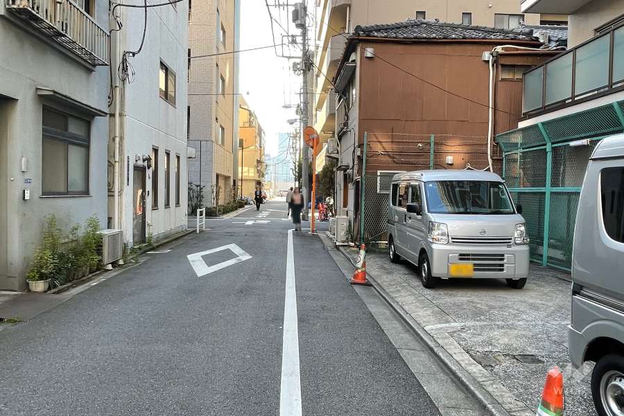 敷地の南東側前面道路（北東側から）