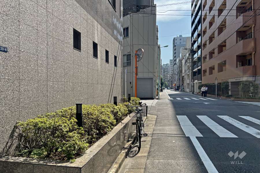 敷地の西側前面道路は仲通りです（北側から）。