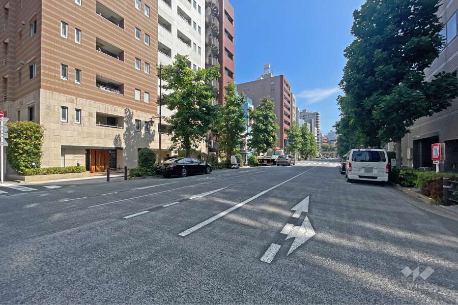 敷地の南西側前面道路は清洲橋通りです（北西側から）。
