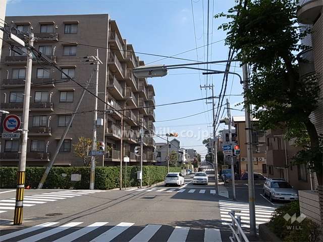 敷地南側の前面道路。敷地の南、西、東の3方が接道しています。