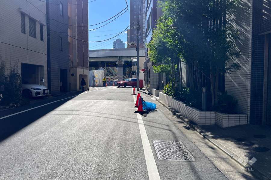 敷地の南東側前面道路（北東側から）