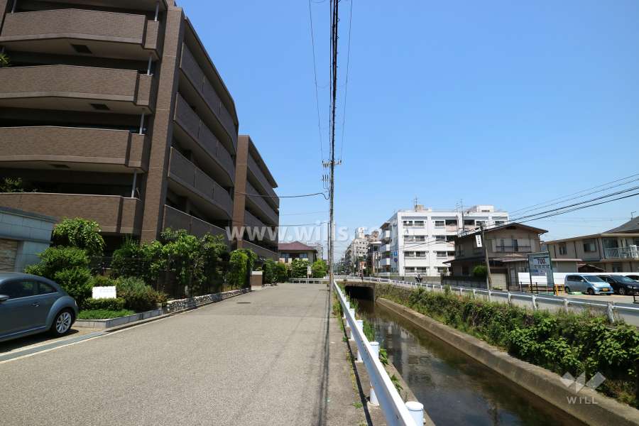 敷地東側の前面道路。東側には津門川が流れています。