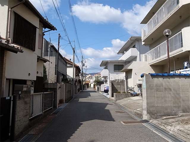 敷地南側の前面道路。周辺は一戸建てが中心に立ち並ぶ閑静な住宅地です。