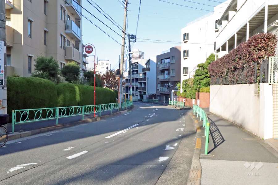 敷地東側の全面道路は区検通りです（北側から）。