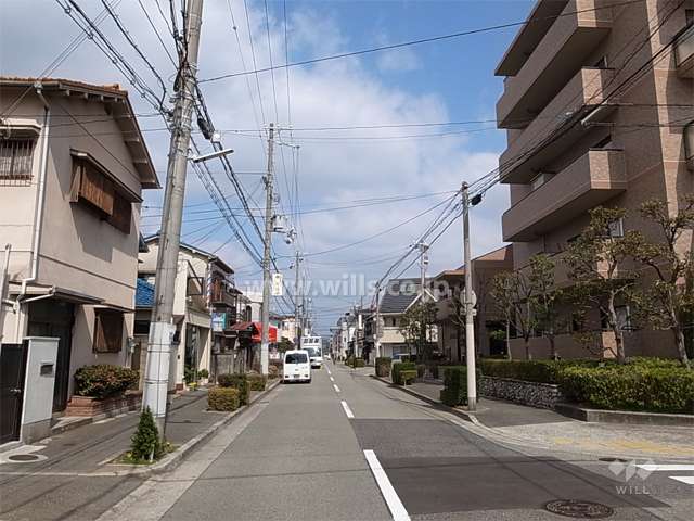 敷地西側の前面道路。敷地の4方が接道しています。