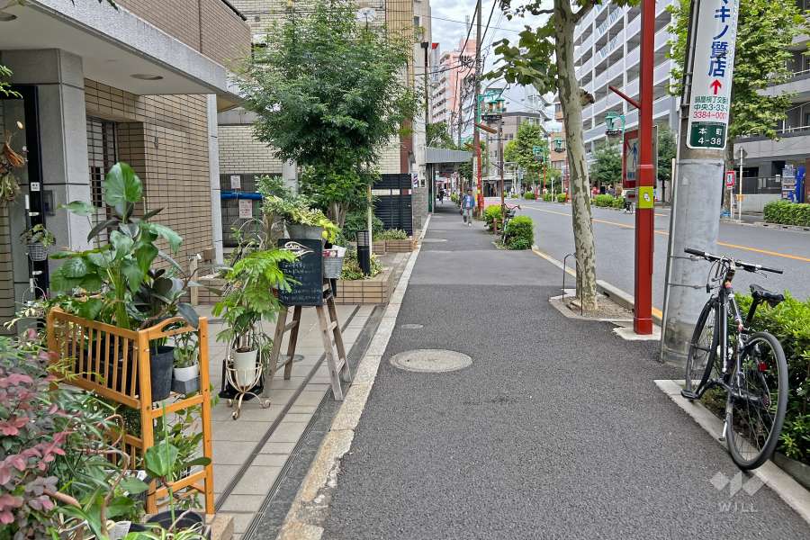 敷地の南東側前面道路は鍋屋横丁通りです（南西側から）。