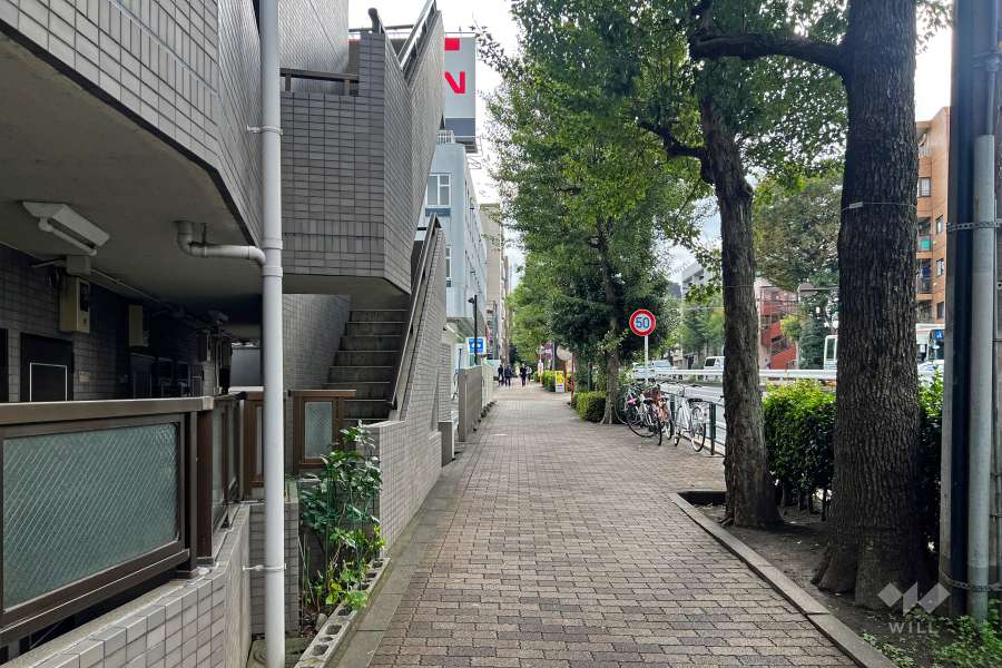 敷地の西側前面道路は環七通りです（北側から）。