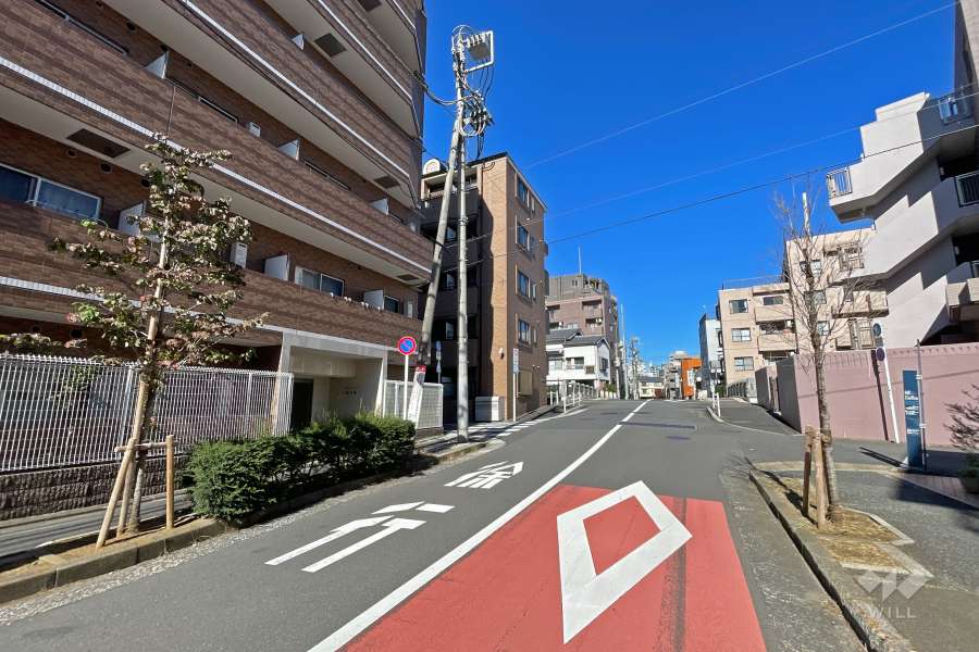 敷地の東側前面道路の先には、神田川に架かる「花見橋」が見えます（南側から）。
