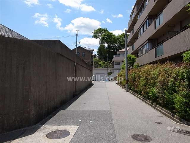 敷地南側の前面道路。敷地の南、東、西の3方が接道しています。