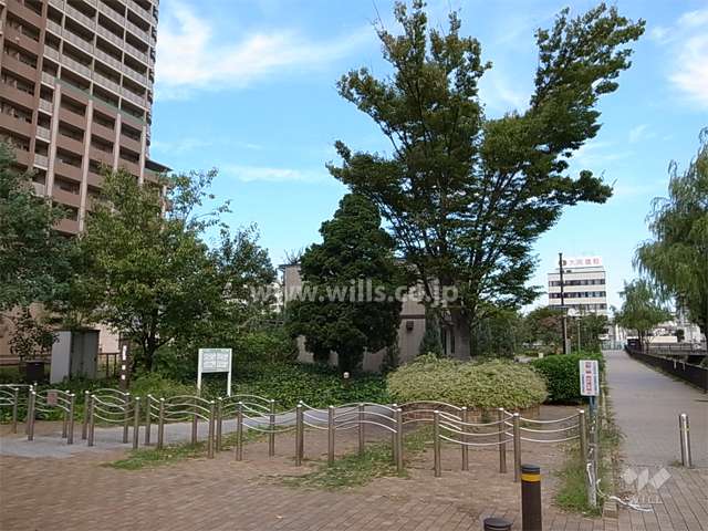 敷地の東側は両度緑地になっており、木々が茂り、ベンチなどが配置されています。