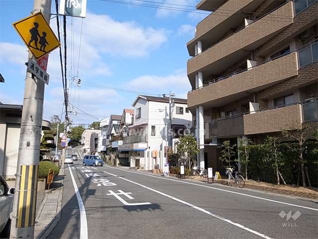 敷地西側の前面道路。東川や五段坂に近い、緑豊かな住環境です。