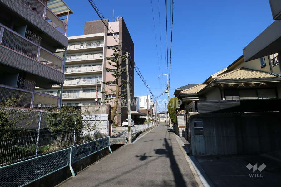 敷地東側の前面道路。周辺はマンションと一戸建が混在する閑静な住宅地です。