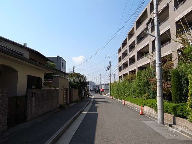 敷地南側の前面道路。敷地の南、東、北の3方が接道しています。
