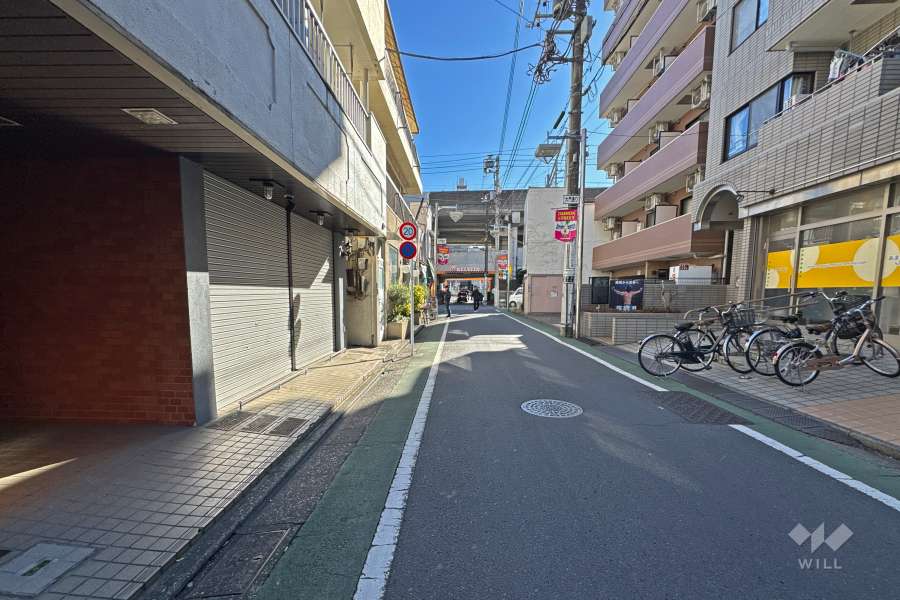 敷地の東側前面道路は大門通りです（北側から）。