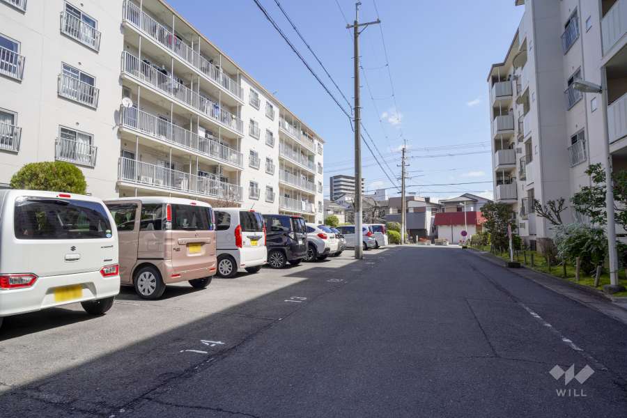 敷地南側の前面道路と敷地内駐車場（屋外平面式）
