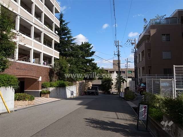 敷地南側の前面道路。周辺はマンションが中心に立ち並ぶ緑豊かな住宅地です。