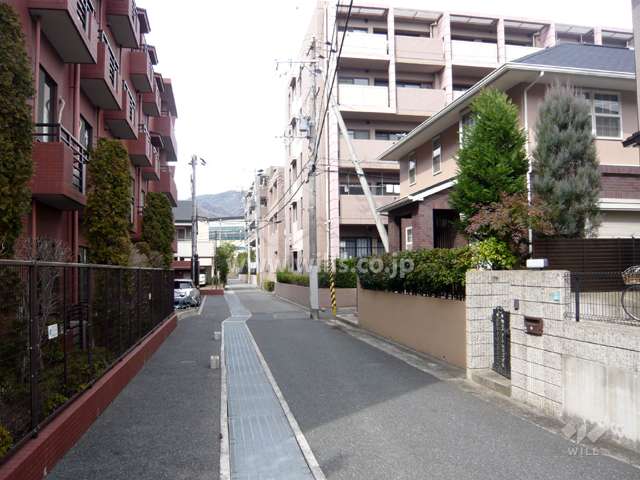 周辺の街並み。マンションと一戸建てが混在し、約50m南に国道43号線が走っています。