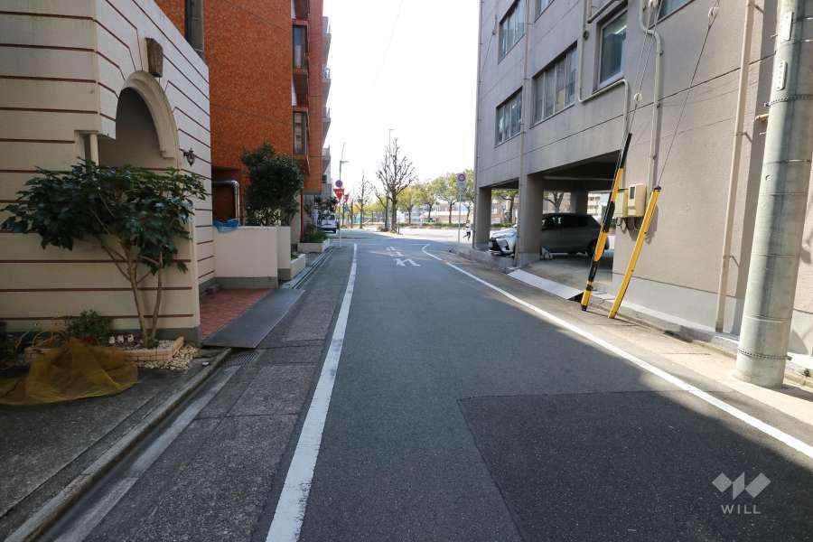 敷地西側の前面道路。大通りへと続く交通量の少ない通りです。
