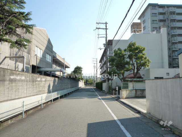 マンションの東側道路。マンションや一戸建ての他、工場などもあります。