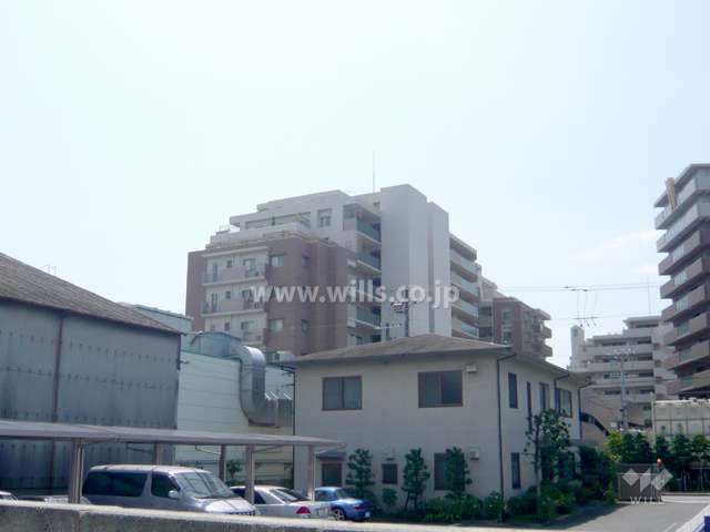 アルス西宮ルシーディアの遠景。周辺にはマンションが多く立ち並んでいます。