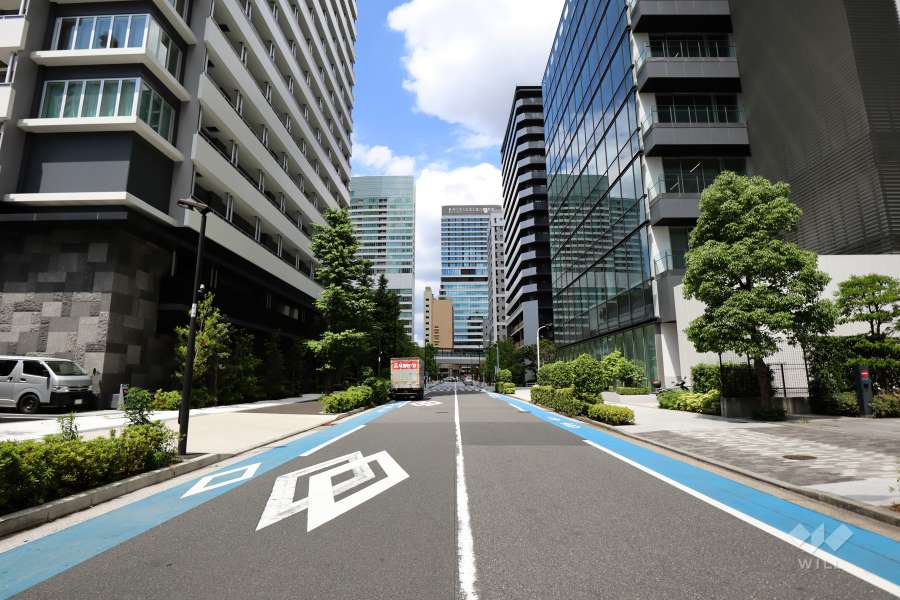 敷地南東側の前面道路（南西側から）