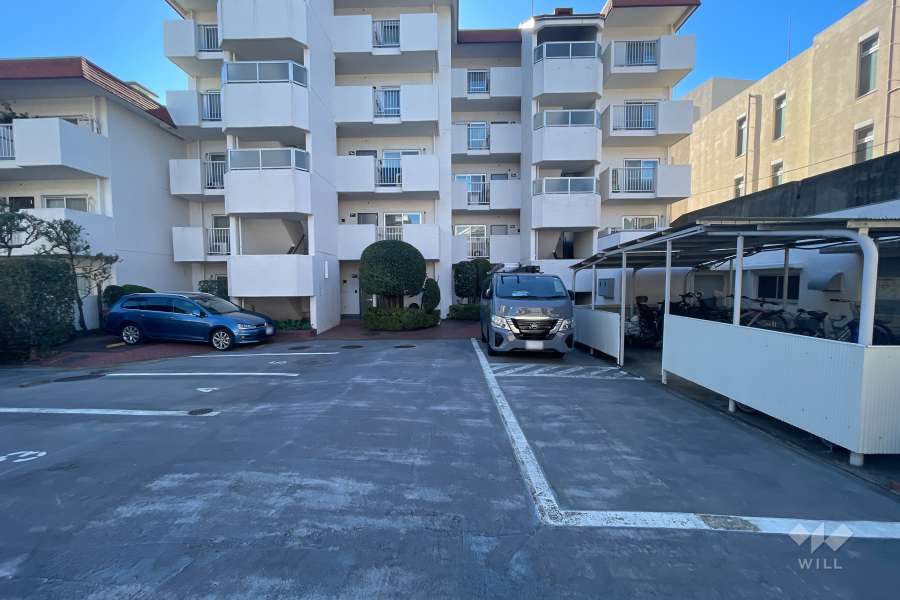 住居入り口と敷地内駐車場（屋外平面式）