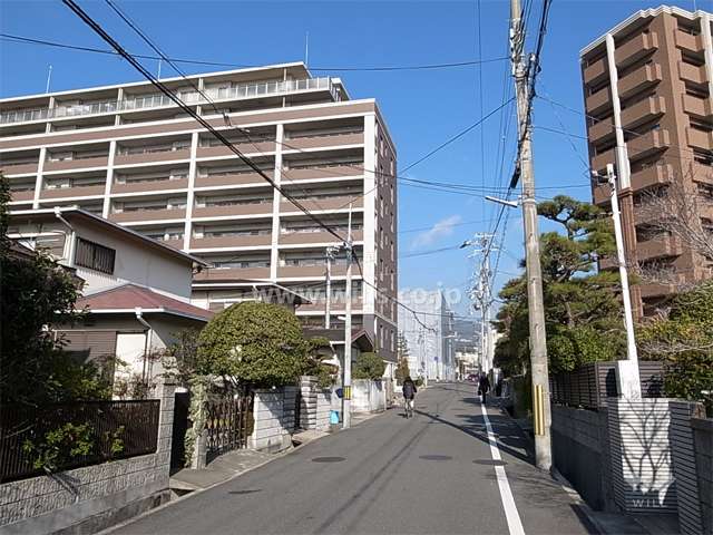 敷地東側の前面道路。南側にはマンションと一戸建てが混在する住宅地が広がっています。