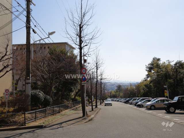 敷地西側の前面道路。高台にあり、大阪市内のビル街が望めます。