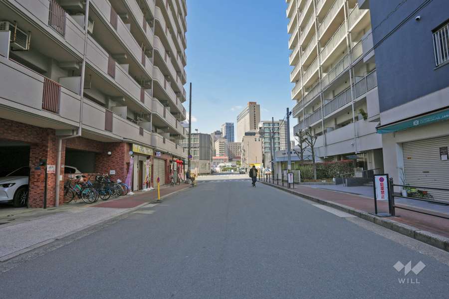 敷地の東側前面道路は越中橋筋です（南側から）。