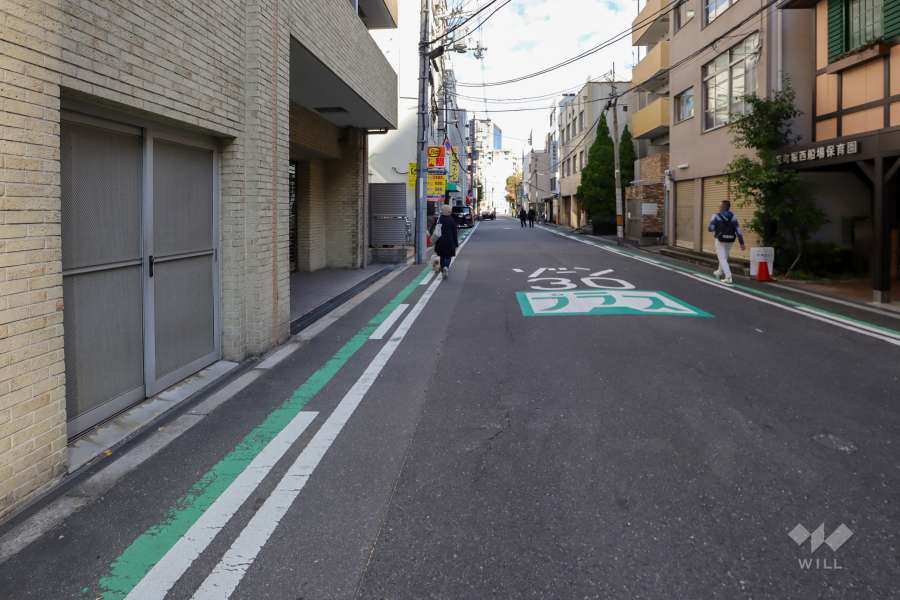 敷地南東側の前面道路（南西側から）