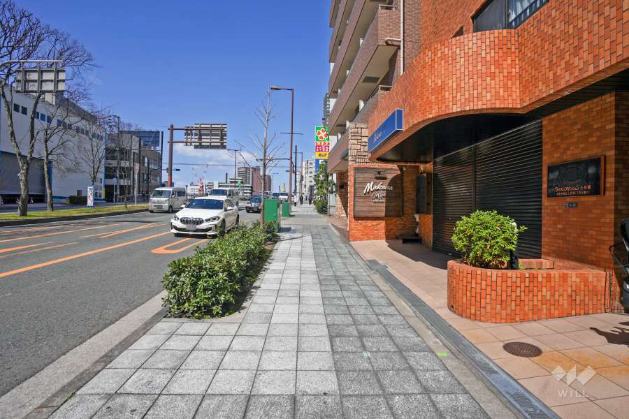敷地の西側前面道路は、なにわ筋です（南側から）。