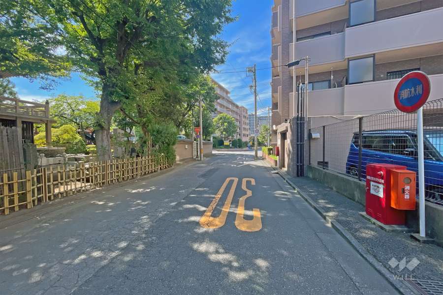 敷地の東側前面道路（北側から）。楠木正成公の銅像がある『薬王山 最勝院』に面しています。