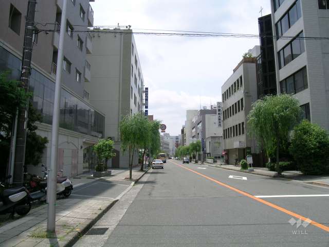 敷地北側の前面道路（沿道には店舗、事務所が多く立ち並んでいます。）