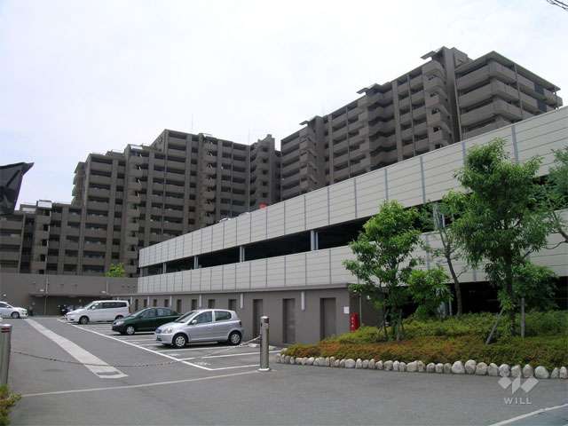 駐車場と北側から見た外観