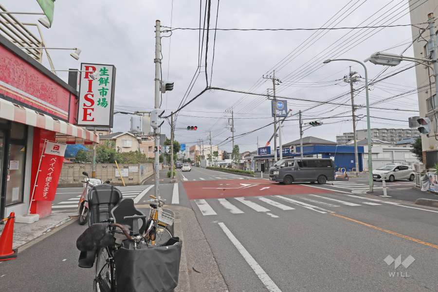 敷地南側の前面道路。路線バスが止まります。