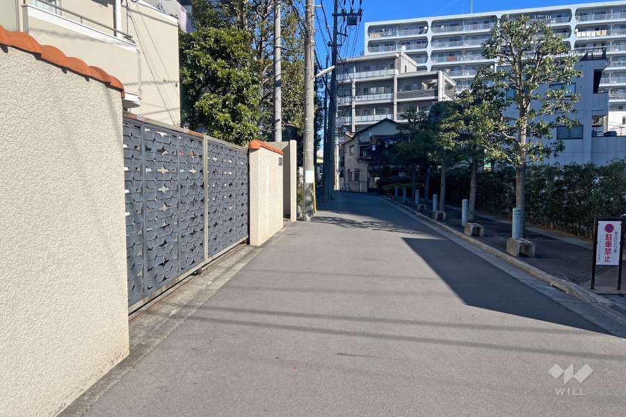 敷地南東側の前面道路（南西側から）