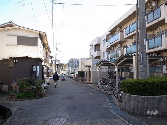 敷地北側の前面道路。周辺は一戸建てとマンションが混在する静かな住宅地です。