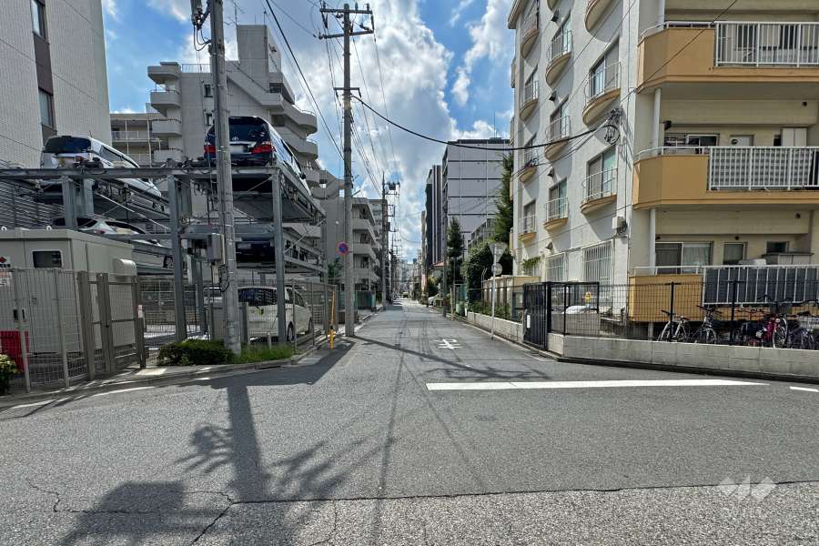 敷地南西側の前面道路（北西側から）