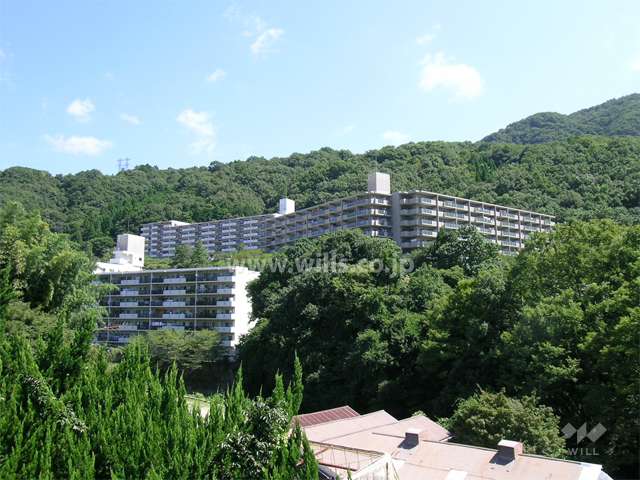 左が1号館、右が2号館、奥が3号館（周囲を山に囲まれています）