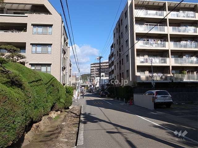 敷地の西側前面道路。お屋敷が多く、生け垣の緑がきれいな通りです。