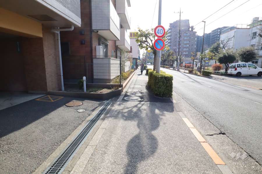 敷地西側の前面道路（北側から）。二車線のバス通りです