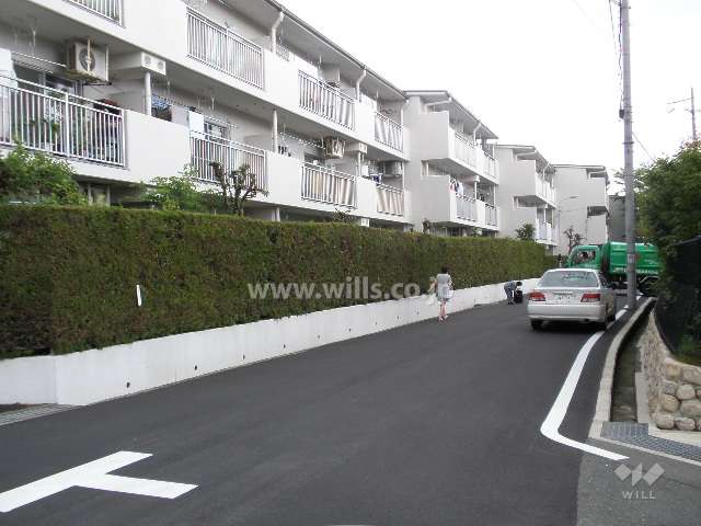 マンションの南側前面道路。車の通りは少ないです。