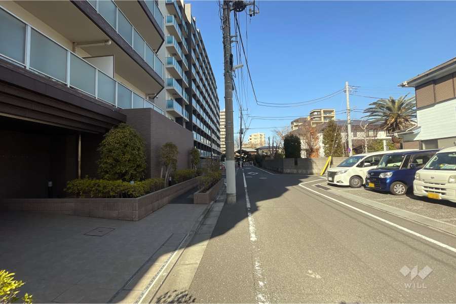 敷地南東側の前面道路（南西側から）