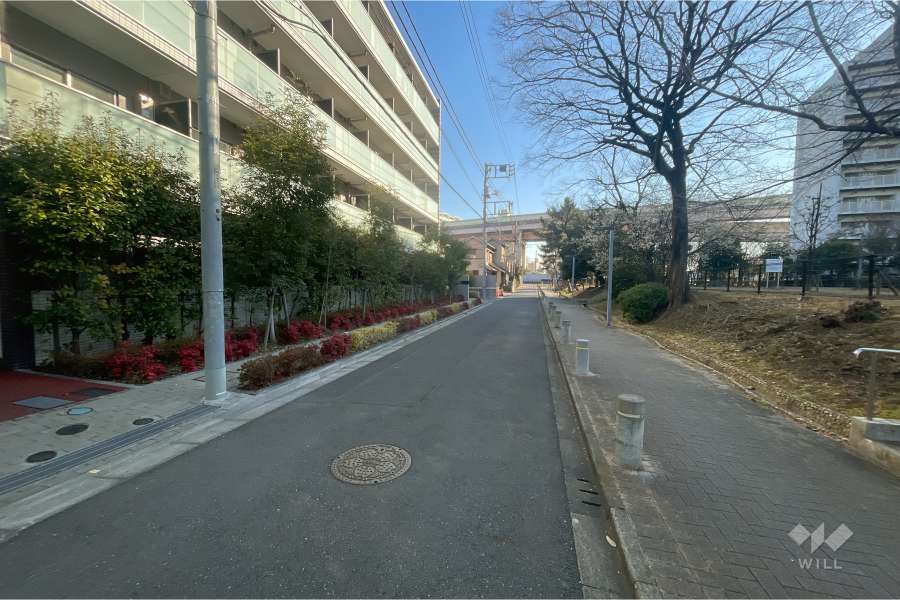 敷地南東側の前面道路（南西側から）