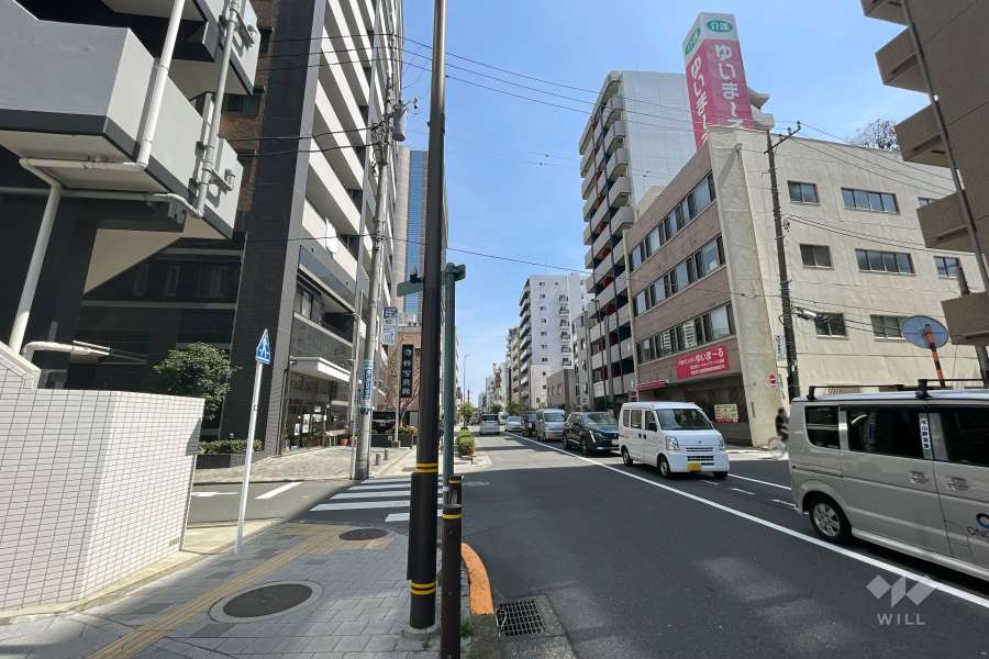 敷地南東側の前面道路（南西側から）