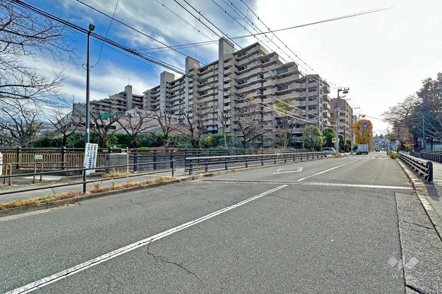敷地の北西側前面道路は緑橋に続いています（北東側から）。