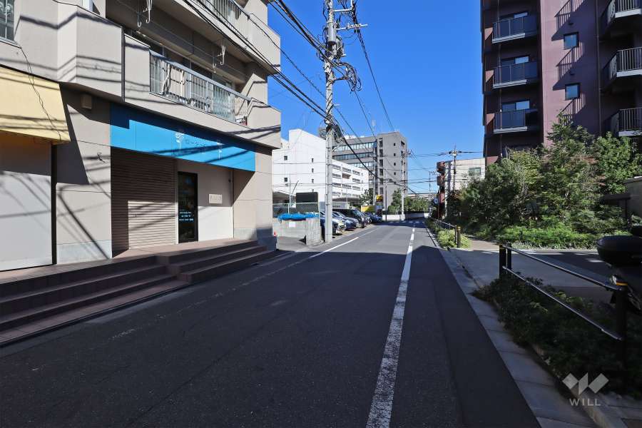 敷地南東側の前面道路（南西側から）