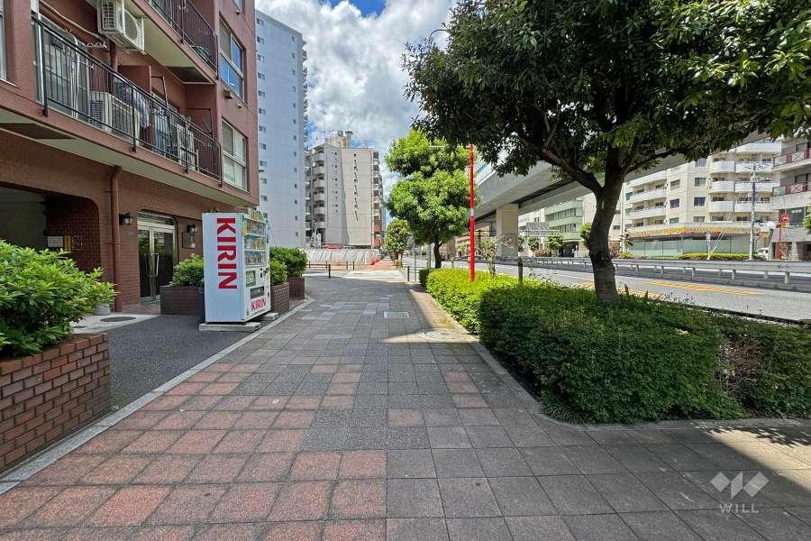 敷地の北東側前面道路は、王子千住夢の島線です（南東側から）。