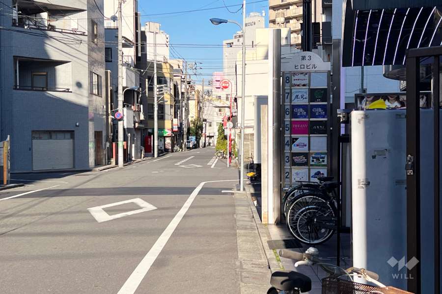 敷地の北西側前面道路（南西側から）