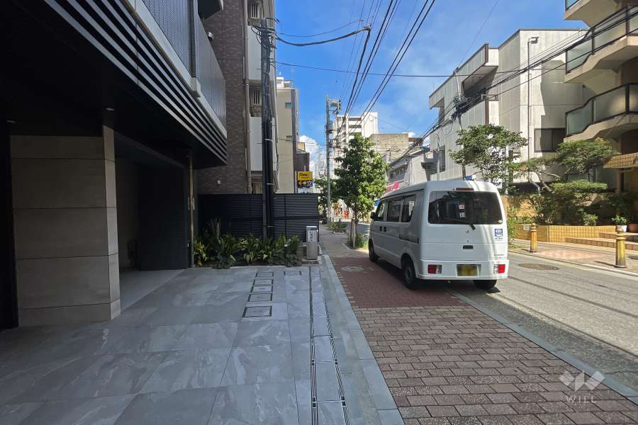敷地南東側の前面道路（南西側から）